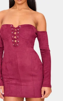 Burgundy Faux Suede Lace Up Detail Bardot Bodycon Dress