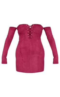 Burgundy Faux Suede Lace Up Detail Bardot Bodycon Dress