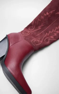 Burgundy Faux Suede Point Toe Knee High Stitch Detail Block Heel Western Boots