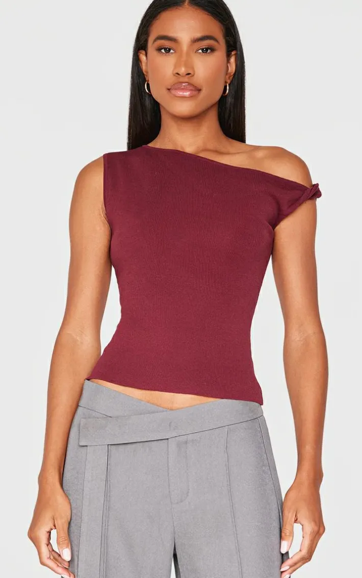 Burgundy Fine Knit Twist Neck Vest Top