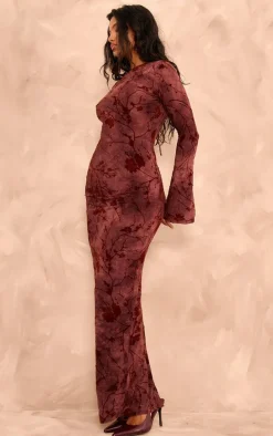 Burgundy Floral Devore Long Sleeve Maxi Dress