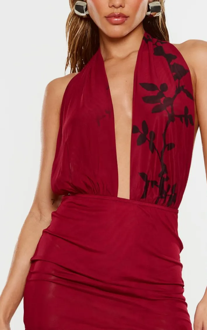 Burgundy Flower Printed Mesh Extreme Plunge Bodycon Dress