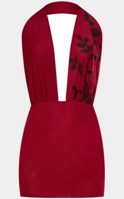 Burgundy Flower Printed Mesh Extreme Plunge Bodycon Dress