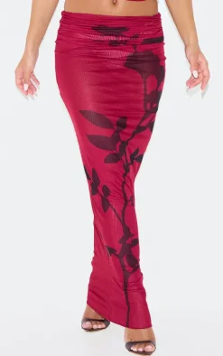 Burgundy Flower Printed Mesh Ruched Low Rise Maxi Skirt