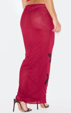 Burgundy Flower Printed Mesh Ruched Low Rise Maxi Skirt