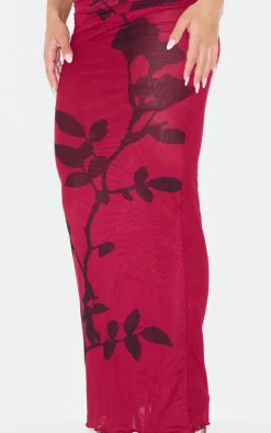Burgundy Flower Printed Mesh Ruched Low Rise Maxi Skirt