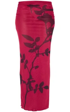 Burgundy Flower Printed Mesh Ruched Low Rise Maxi Skirt