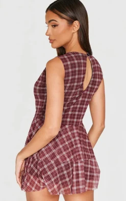Burgundy Gingham Print Mesh Rara Skort Romper