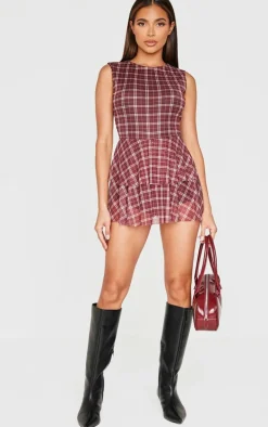 Burgundy Gingham Print Mesh Rara Skort Romper