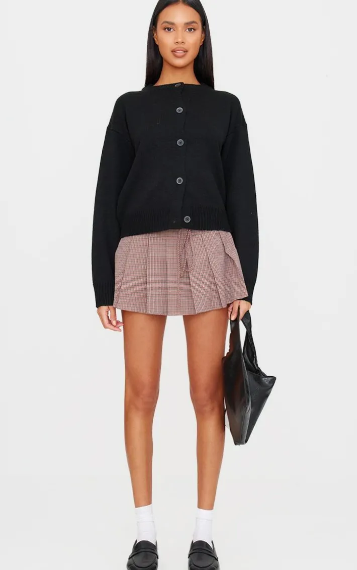 Burgundy Gingham Print Pleated Tie Detail Mini Skirt