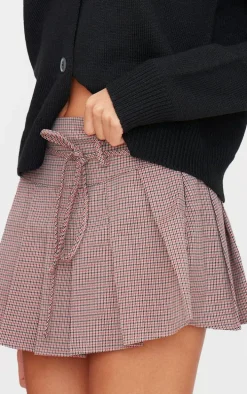 Burgundy Gingham Print Pleated Tie Detail Mini Skirt