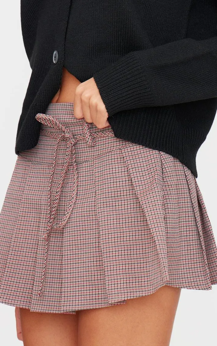 Burgundy Gingham Print Pleated Tie Detail Mini Skirt