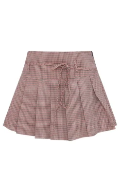 Burgundy Gingham Print Pleated Tie Detail Mini Skirt