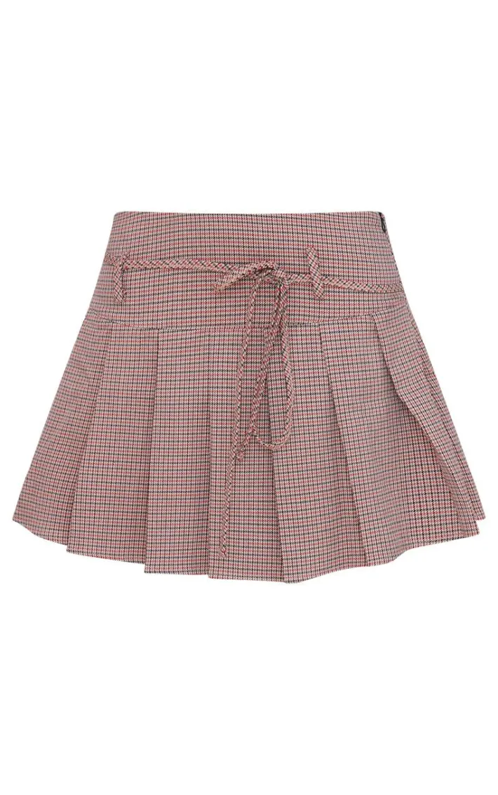 Burgundy Gingham Print Pleated Tie Detail Mini Skirt