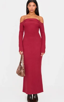 Burgundy Heavy Rib Bardot Long Sleeve Maxi Dress
