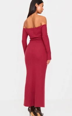 Burgundy Heavy Rib Bardot Long Sleeve Maxi Dress