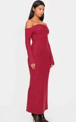 Burgundy Heavy Rib Bardot Long Sleeve Maxi Dress