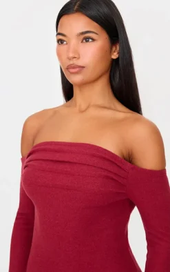 Burgundy Heavy Rib Bardot Long Sleeve Maxi Dress