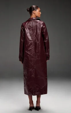 Burgundy High Shine Textured Faux Leather Maxi Coat