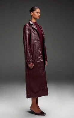 Burgundy High Shine Textured Faux Leather Maxi Coat
