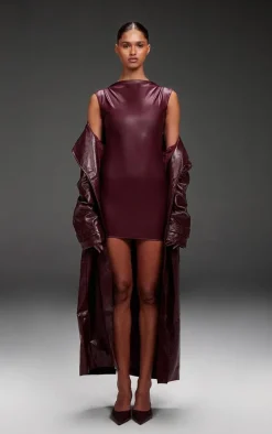 Burgundy High Shine Textured Faux Leather Maxi Coat