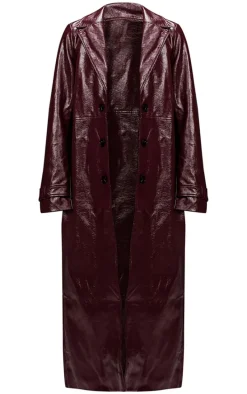 Burgundy High Shine Textured Faux Leather Maxi Coat