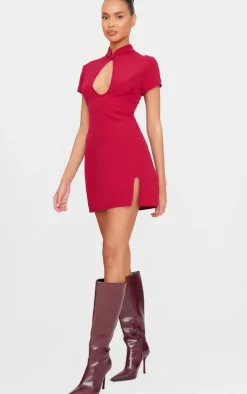 Burgundy Key Hole Contrast Mini Dress