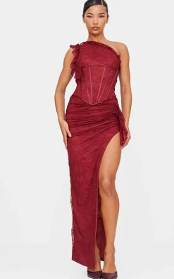 Burgundy Lace Corset Detail One Shoulder Midaxi Dress