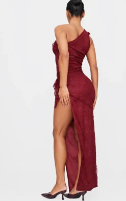 Burgundy Lace Corset Detail One Shoulder Midaxi Dress