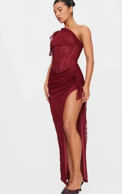 Burgundy Lace Corset Detail One Shoulder Midaxi Dress