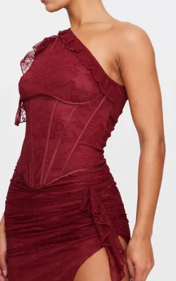 Burgundy Lace Corset Detail One Shoulder Midaxi Dress
