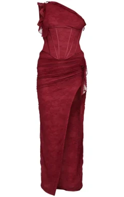 Burgundy Lace Corset Detail One Shoulder Midaxi Dress