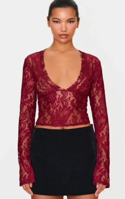 Burgundy Lace Plunge Flared Sleeve Long Top