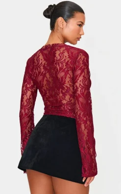 Burgundy Lace Plunge Flared Sleeve Long Top