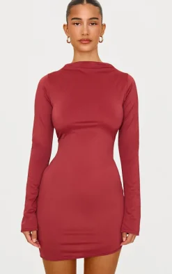 Burgundy Matte Sculpt Boat Neck Long Sleeve Mini Dress