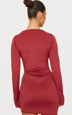 Burgundy Matte Sculpt Boat Neck Long Sleeve Mini Dress