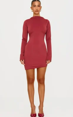 Burgundy Matte Sculpt Boat Neck Long Sleeve Mini Dress