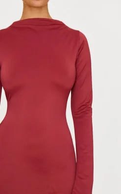 Burgundy Matte Sculpt Boat Neck Long Sleeve Mini Dress