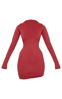 Burgundy Matte Sculpt Boat Neck Long Sleeve Mini Dress