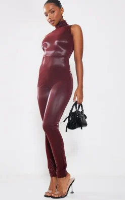 Burgundy Matte Vinyl High Neck Jumpsuit