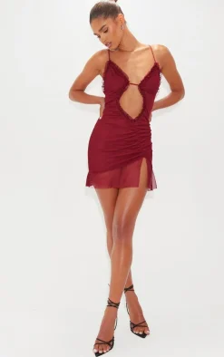 Burgundy Mesh Cut Out Frill Detail Ruched Bodycon Dress