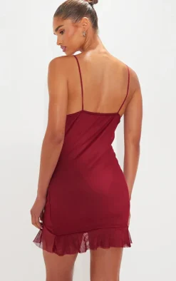 Burgundy Mesh Cut Out Frill Detail Ruched Bodycon Dress