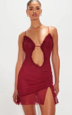 Burgundy Mesh Cut Out Frill Detail Ruched Bodycon Dress