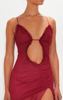 Burgundy Mesh Cut Out Frill Detail Ruched Bodycon Dress