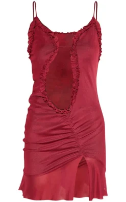 Burgundy Mesh Cut Out Frill Detail Ruched Bodycon Dress