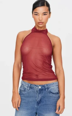 Burgundy Mesh High Neck Backless Long Top