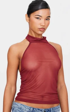 Burgundy Mesh High Neck Backless Long Top