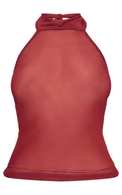 Burgundy Mesh High Neck Backless Long Top