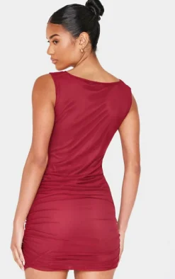 Burgundy Mesh Plunge Knot Detail Mini Dress