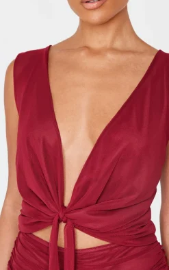 Burgundy Mesh Plunge Knot Detail Mini Dress